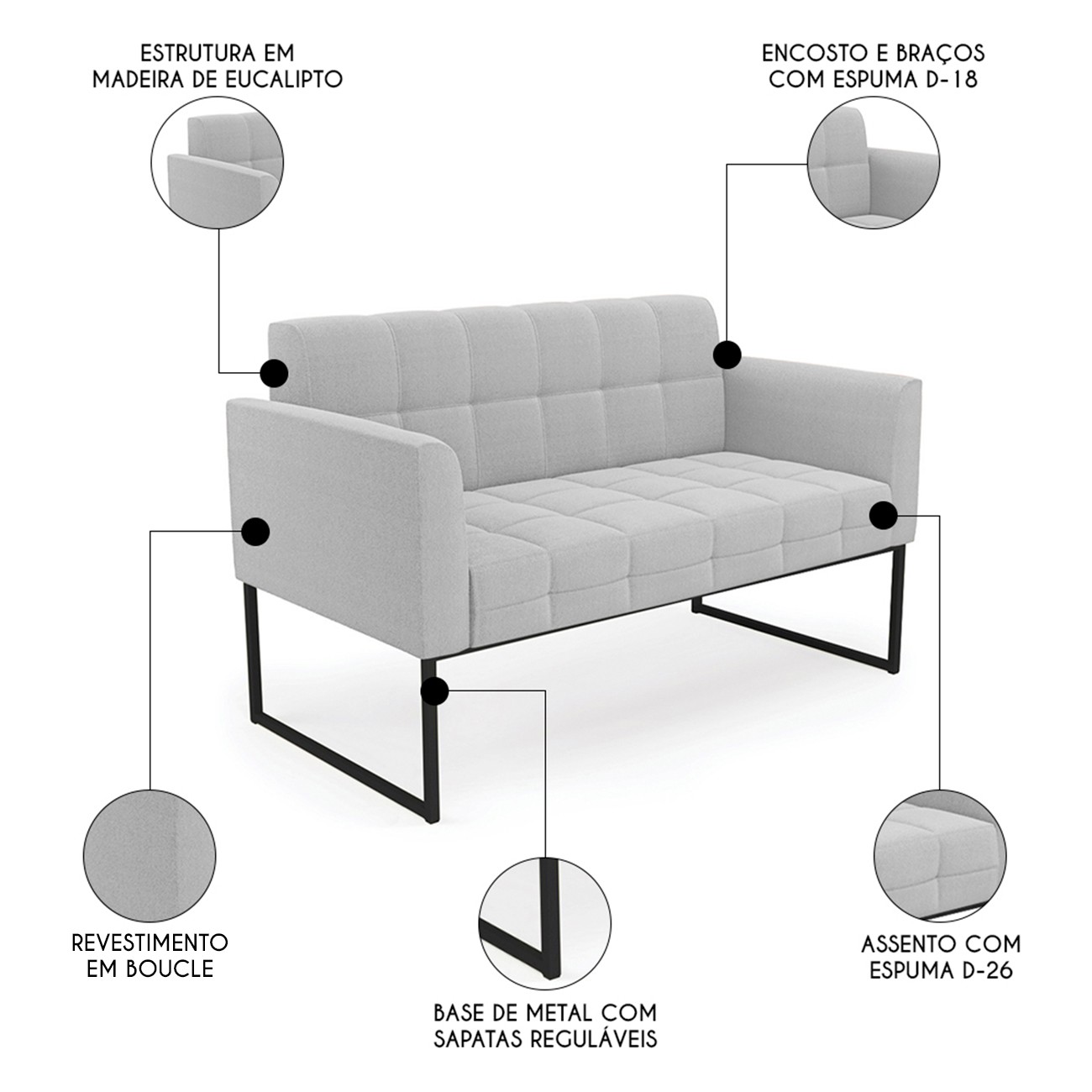 Namoradeira e 2 Poltronas Industrial Preto Ana Bouclé Cinza - Ibiza