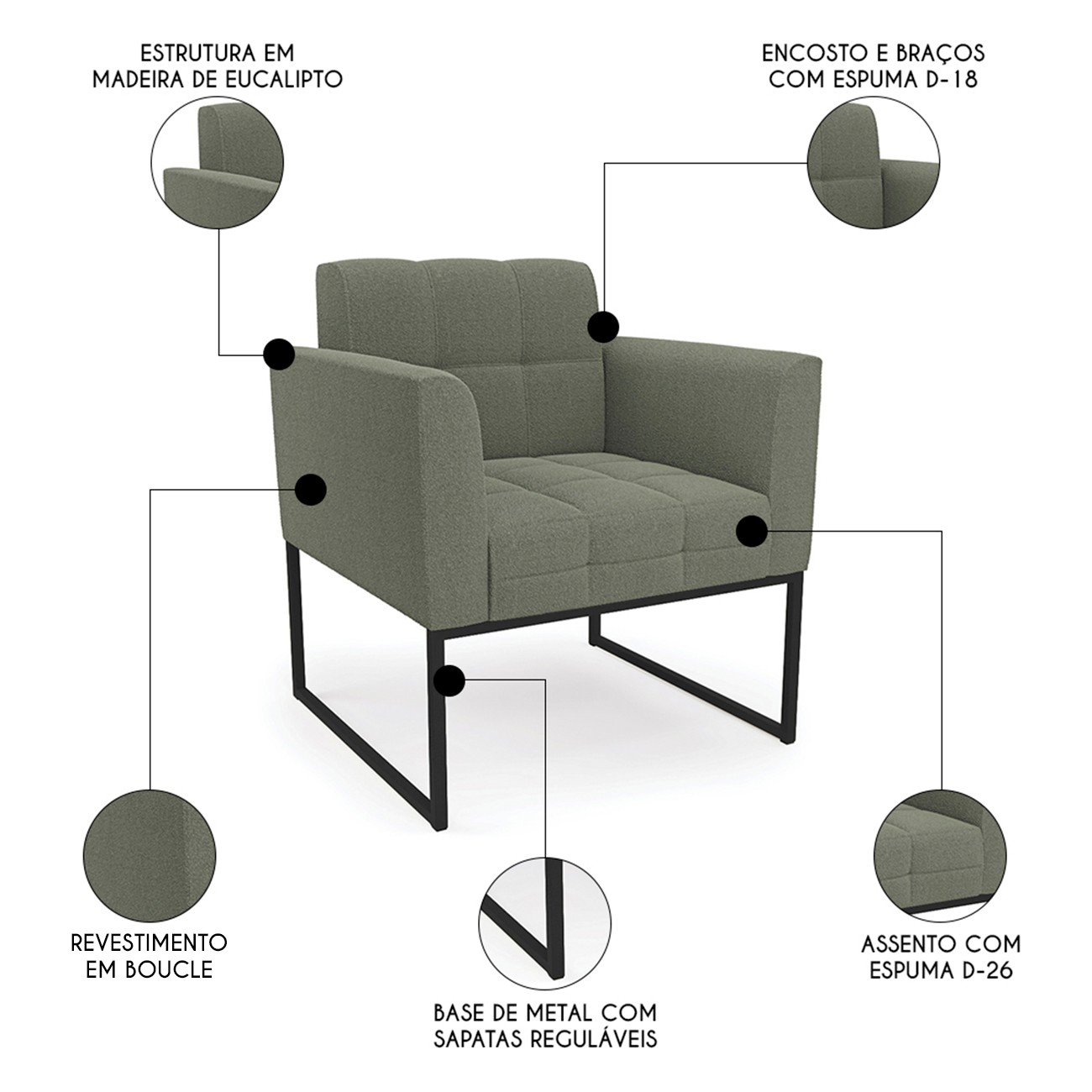 Namoradeira e 2 Poltronas Industrial Preto Ana Bouclé Menta - Ibiza