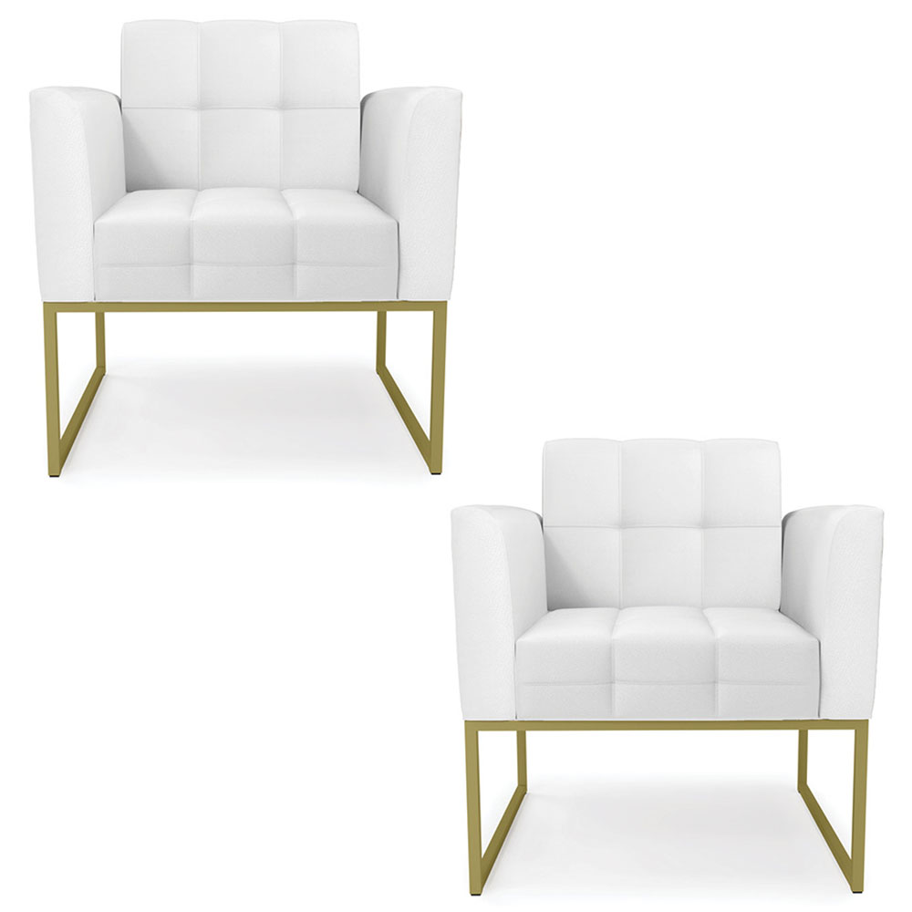 Poltrona Base Industrial Dourado Kit 2 Ana Sintético Branco - Ibiza