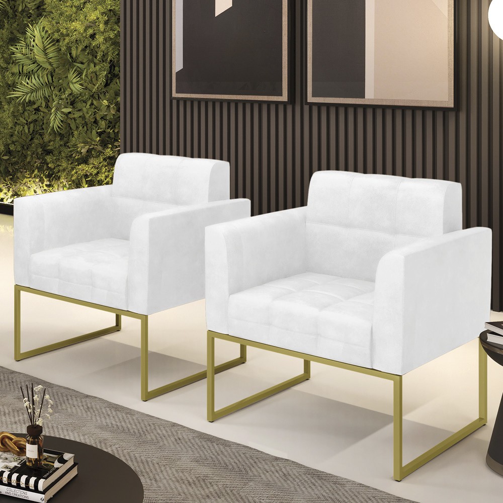 Poltrona Base Industrial Dourado Kit 2 Ana Sintético PU Branco - Ibiza