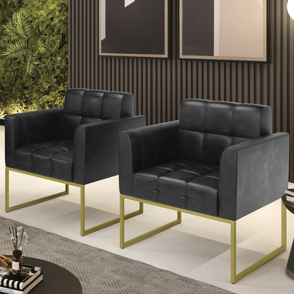 Poltrona Base Industrial Dourado Kit 2 Ana Sintético PU Preto - Ibiza
