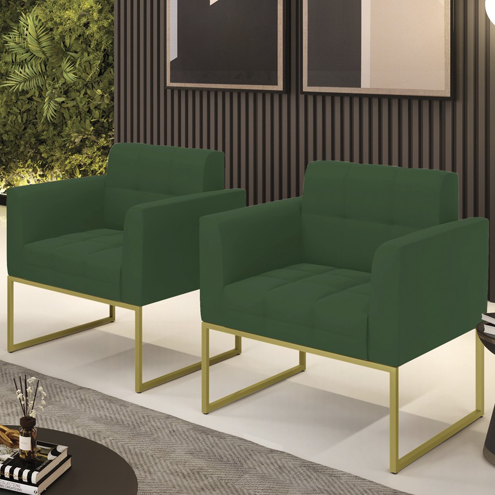 Poltrona Base Industrial Dourado Kit 2 Ana Veludo Verde - Ibiza