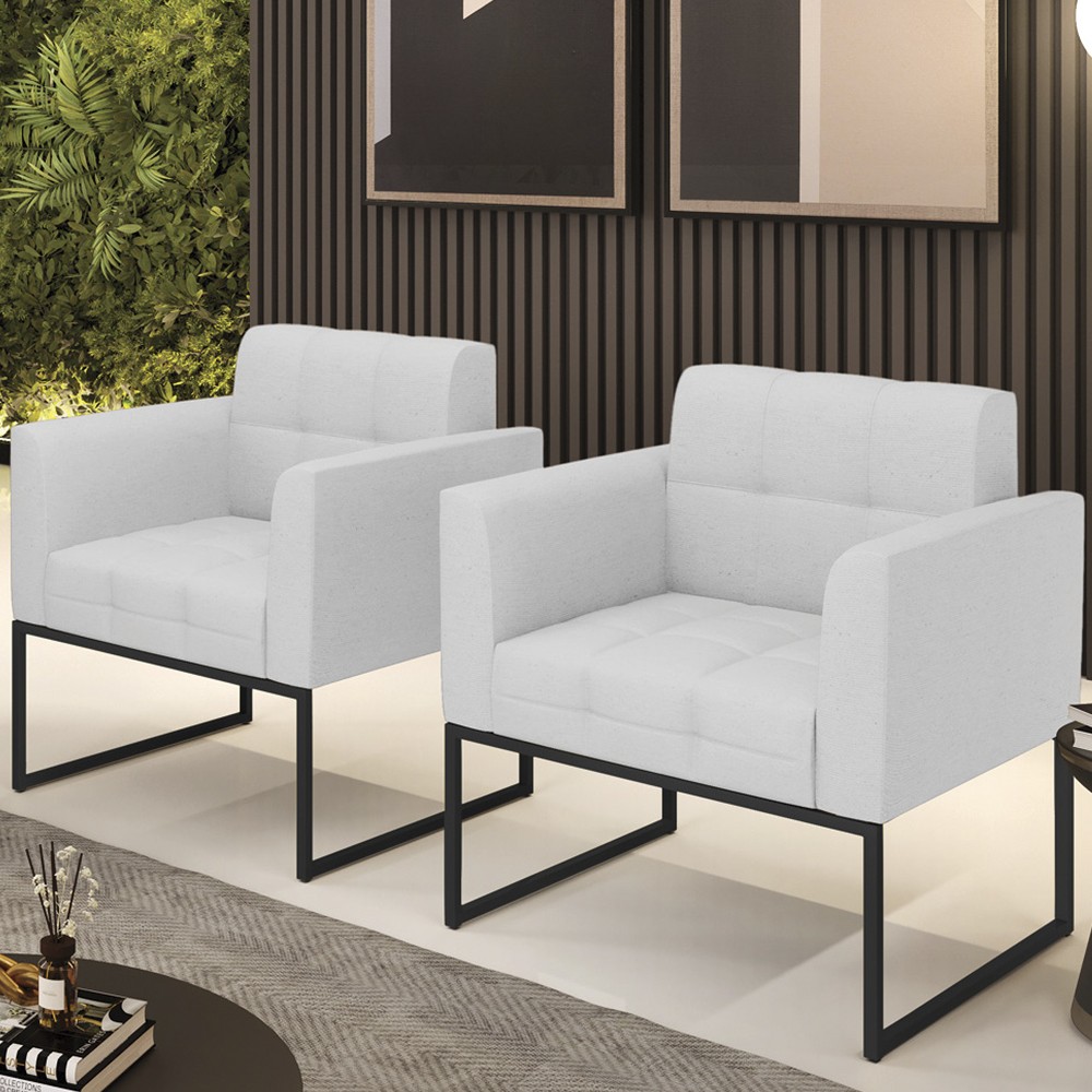 Poltrona Base Industrial Preto Kit 2 Ana Linho Cinza - Ibiza