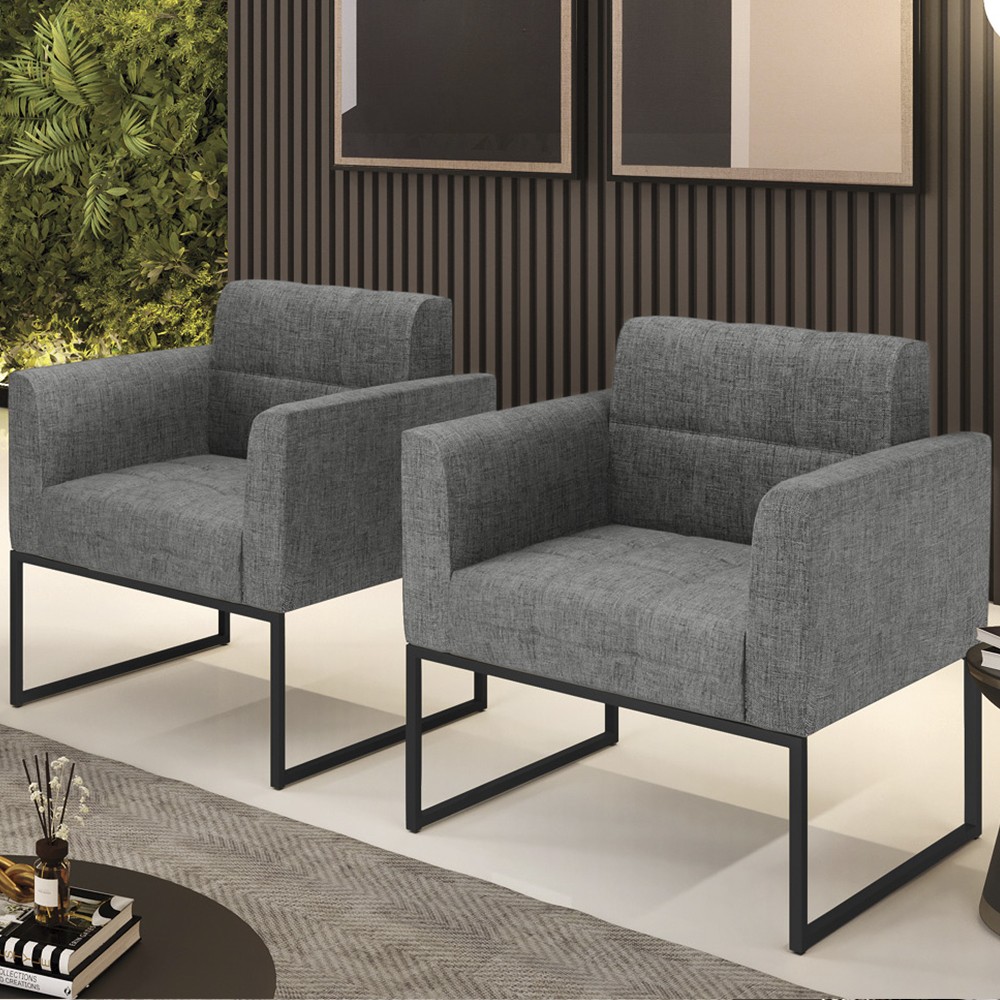 Poltrona Base Industrial Preto Kit 2 Ana Linho Preto - Ibiza