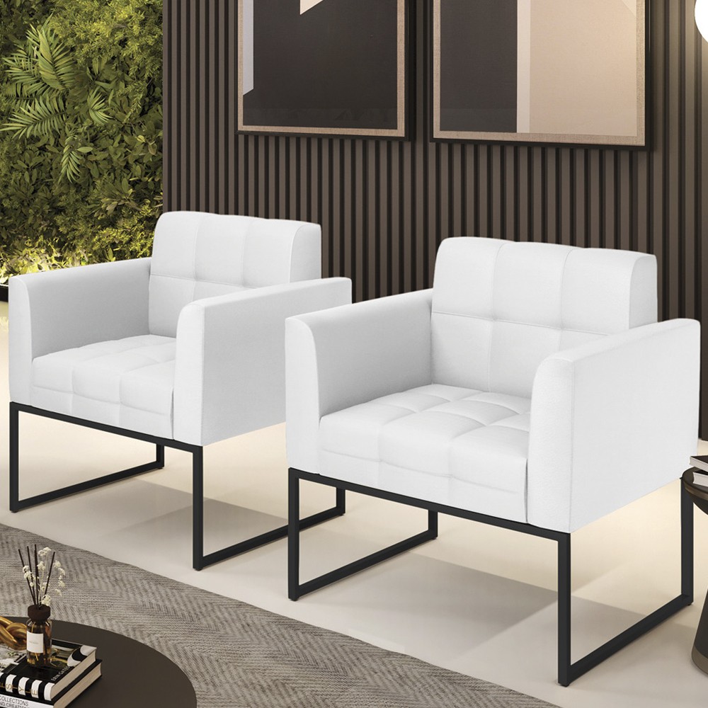 Poltrona Base Industrial Preto Kit 2 Ana Sintético Branco - Ibiza
