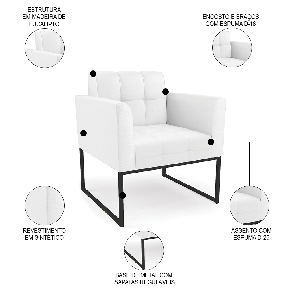 Poltrona Base Industrial Preto Kit 2 Ana Sintético Branco - Ibiza