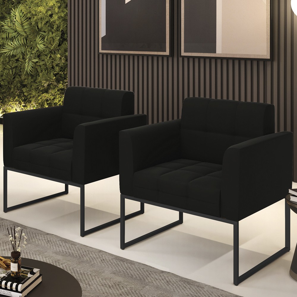 Poltrona Base Industrial Preto Kit 2 Ana Suede Preto - Ibiza