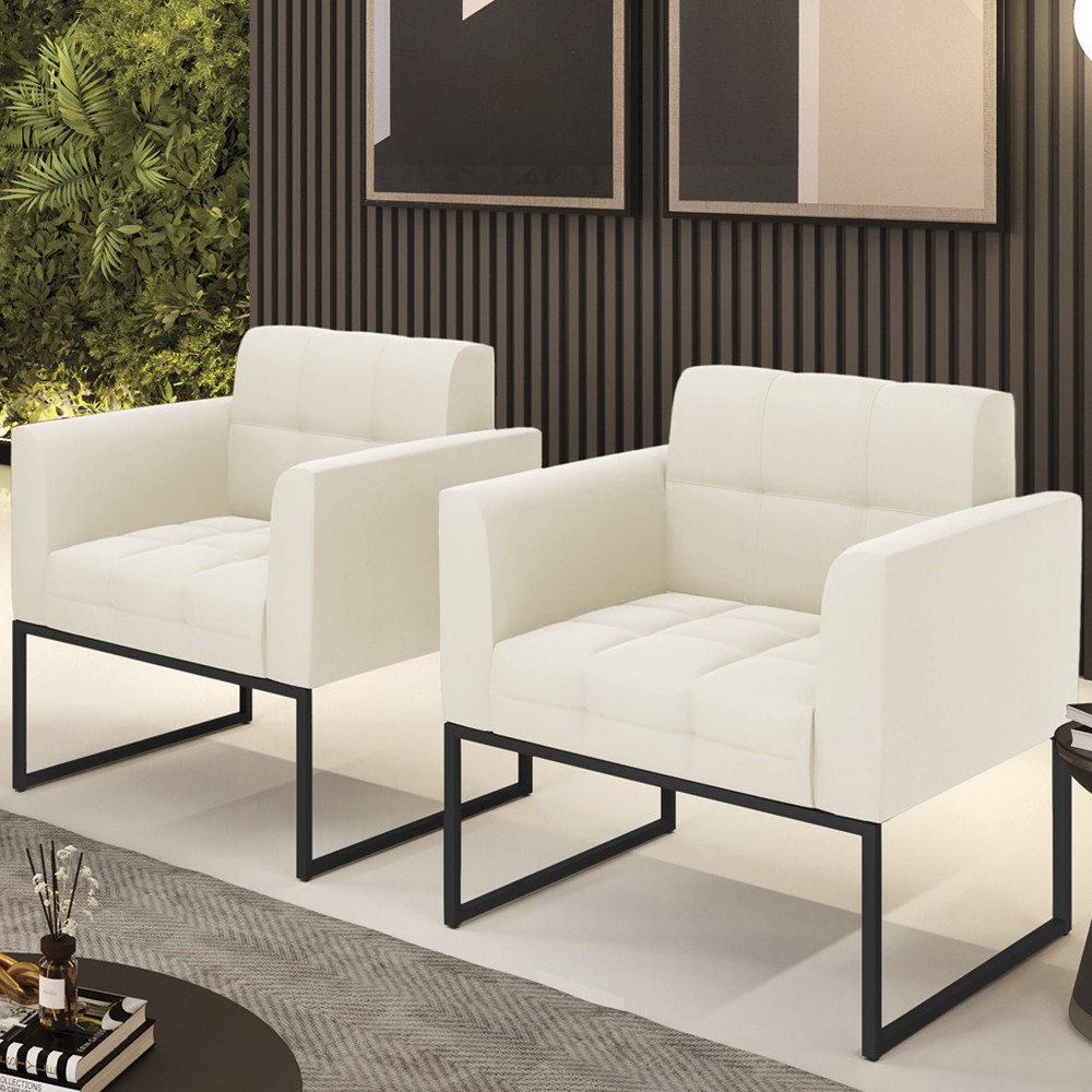 Poltrona Base Industrial Preto Kit 2 Ana Veludo Bege - Ibiza