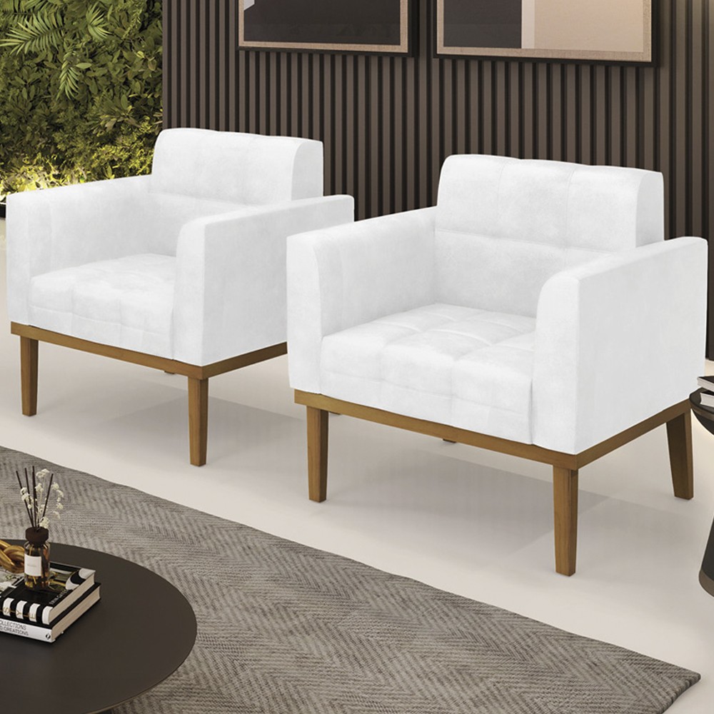 Poltrona Base Madeira Castanho Kit 2 Ana Sintético PU Branco - Ibiza