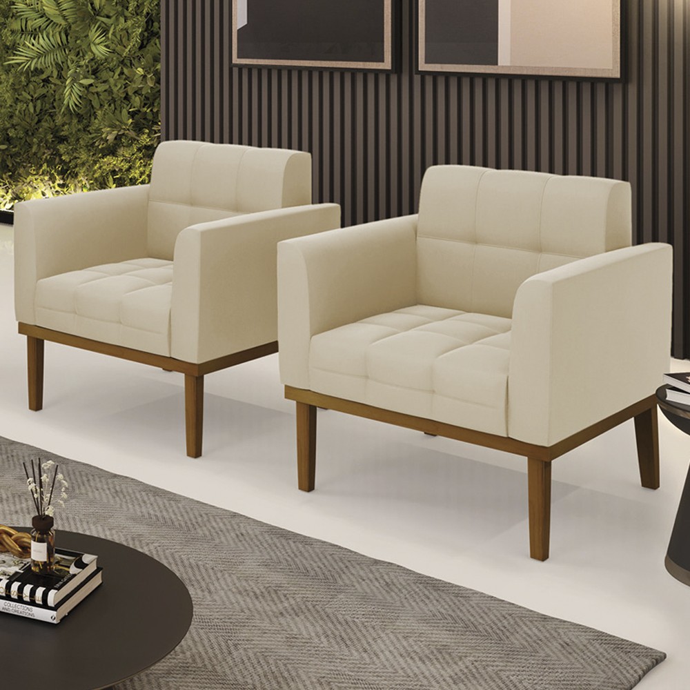 Poltrona Base Madeira Castanho Kit 2 Ana Suede Bege - Ibiza