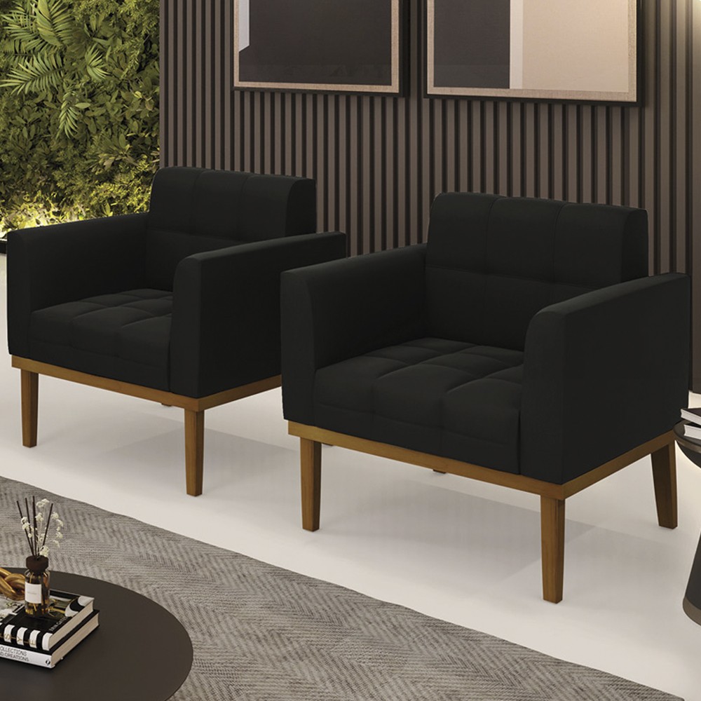 Poltrona Base Madeira Castanho Kit 2 Ana Suede Preto - Ibiza