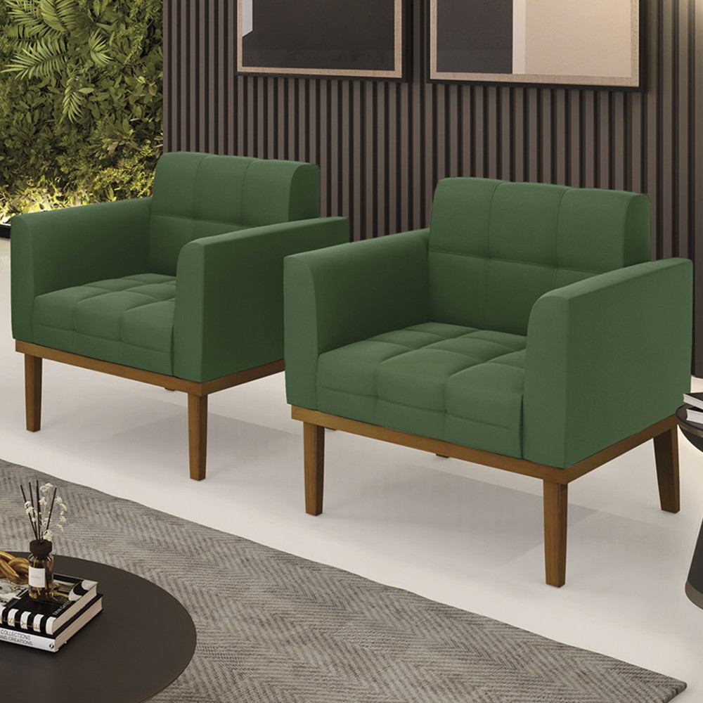 Poltrona Base Madeira Castanho Kit 2 Ana Suede Verde - Ibiza