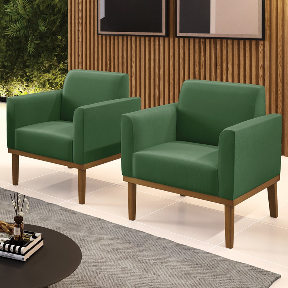 Poltrona Base Madeira Castanho Kit 2 Maressa Suede Verde - Ibiza