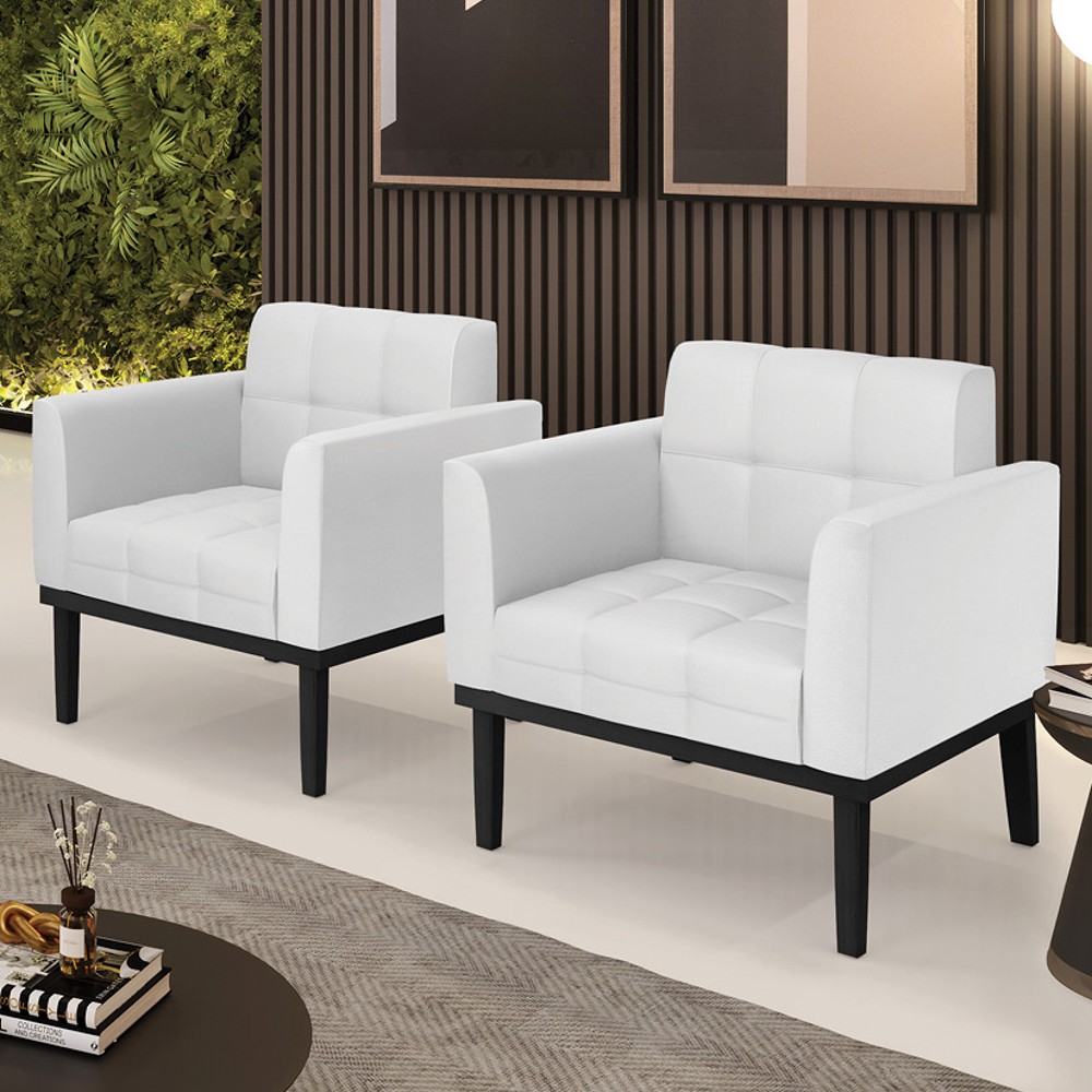Poltrona Base Madeira Preto Kit 2 Ana Sintético Branco - Ibiza
