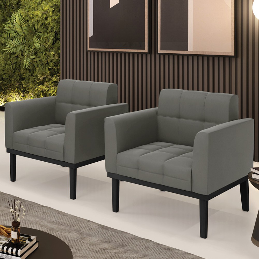 Poltrona Base Madeira Preto Kit 2 Ana Suede Grafite - Ibiza