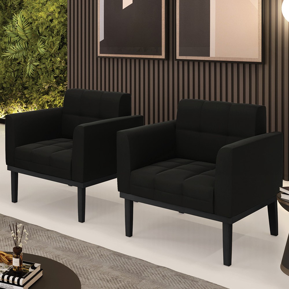 Poltrona Base Madeira Preto Kit 2 Ana Suede Preto - Ibiza
