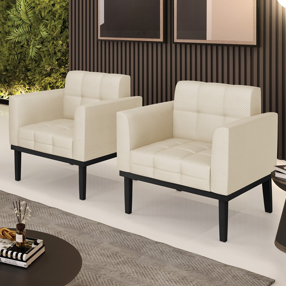 Poltrona Base Madeira Preto Kit 2 Ana Veludo Luxo Off White - Ibiza