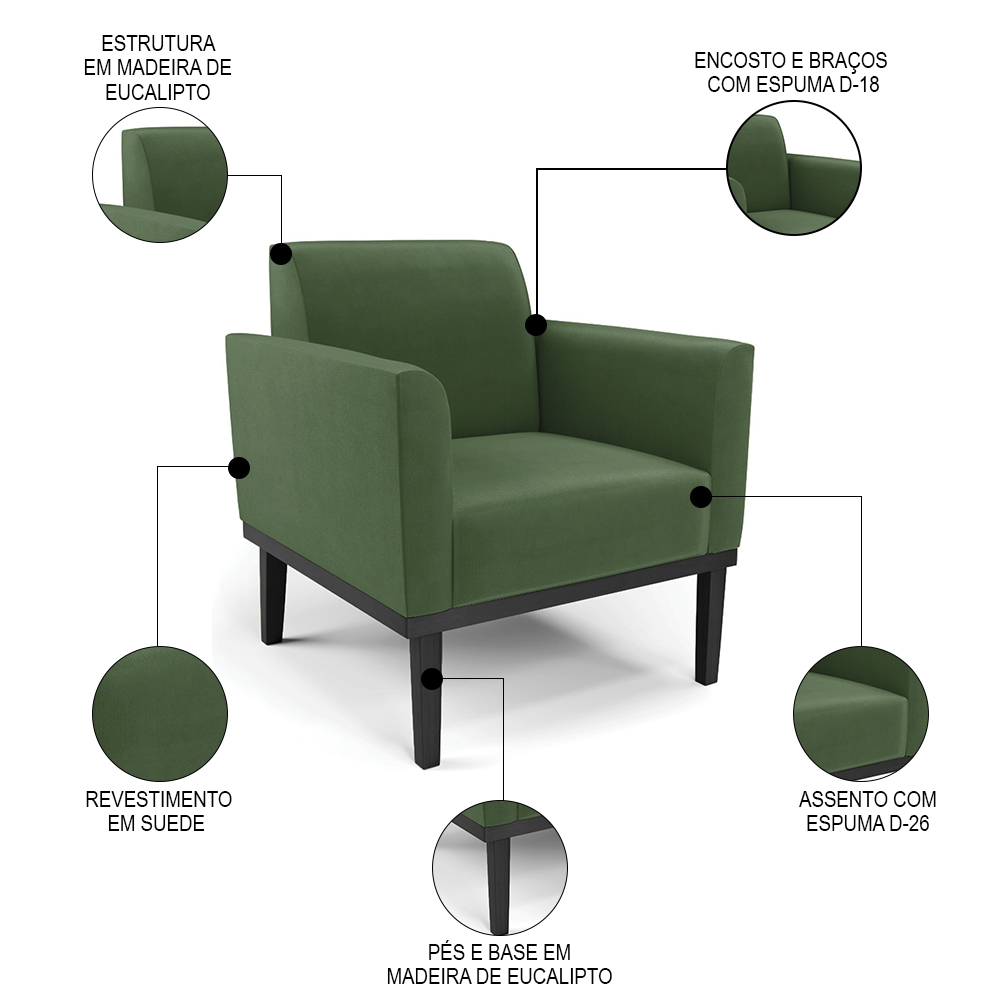 Poltrona Base Madeira Preto Kit 2 Maressa Suede Verde - Ibiza