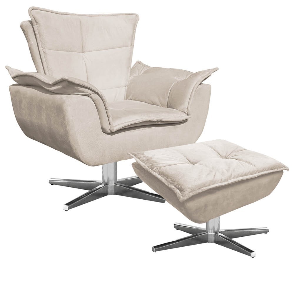 Poltrona Decorativa Base Giratória Cromada com Puff Opla Suede Bege - Ibiza