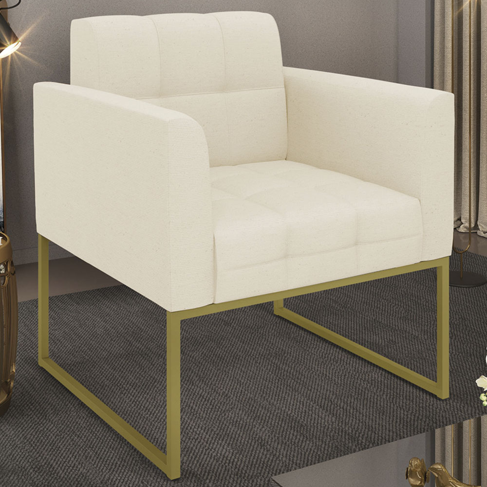 Poltrona Decorativa Base Industrial Dourado Ana Linho Bege - Ibiza