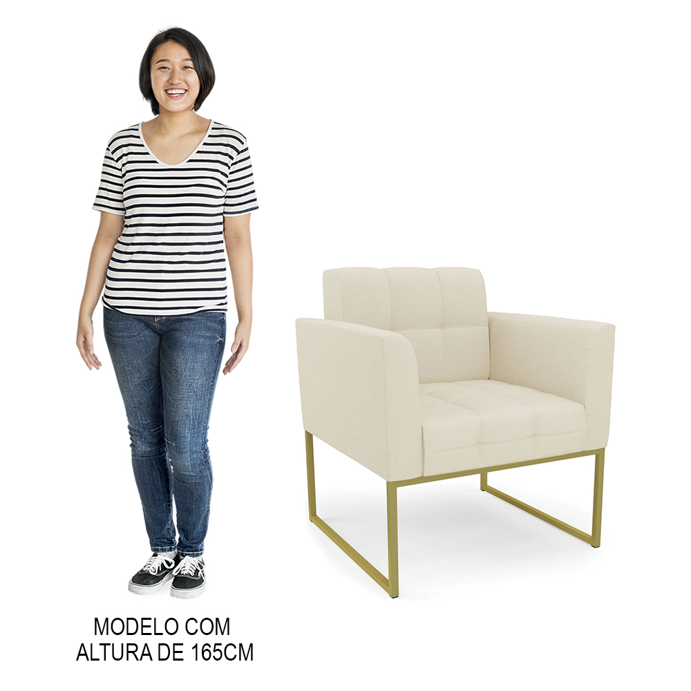 Poltrona Decorativa Base Industrial Dourado Ana Linho Bege - Ibiza