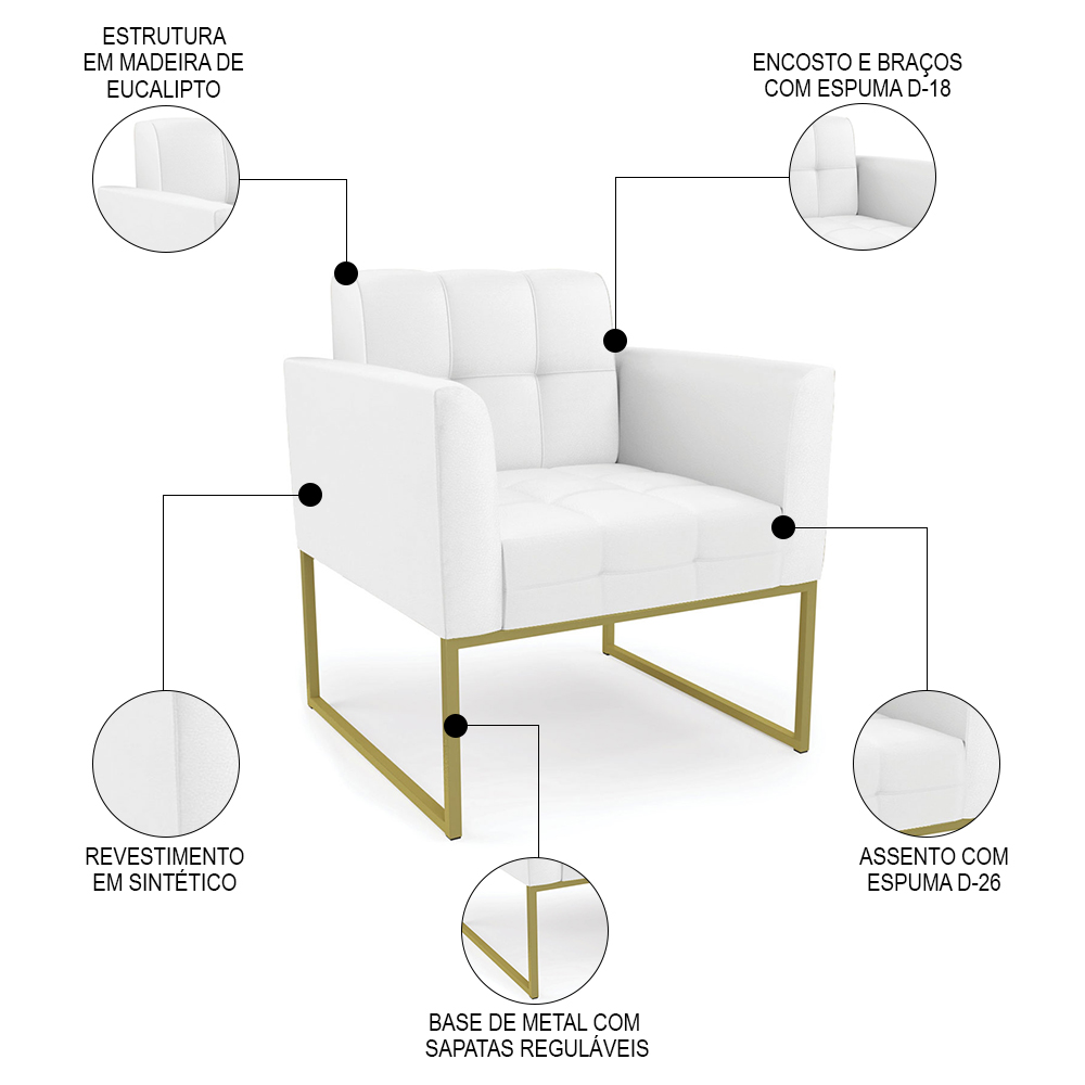 Poltrona Decorativa Base Industrial Dourado Ana Sintético Branco - Ibiza