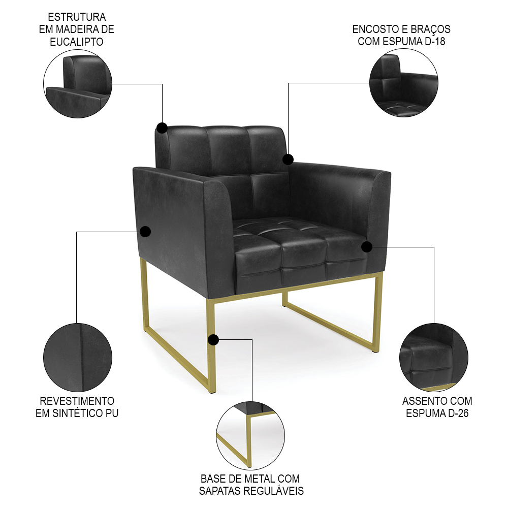 Poltrona Decorativa Base Industrial Dourado Ana Sintético PU Preto- Ibiza