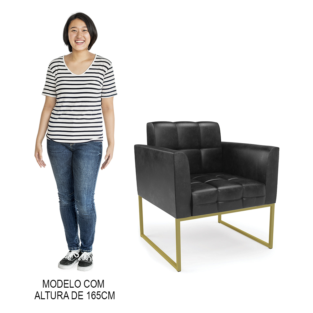 Poltrona Decorativa Base Industrial Dourado Ana Sintético PU Preto- Ibiza