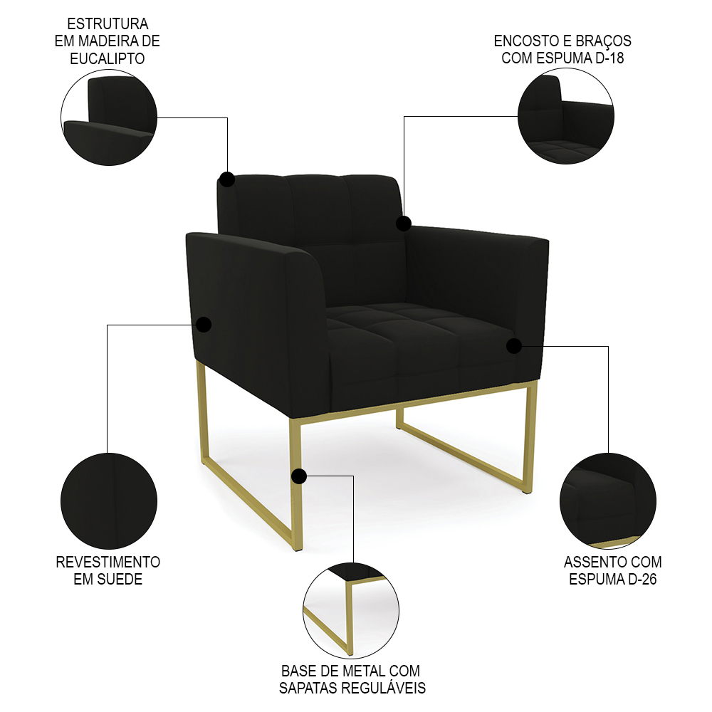 Poltrona Decorativa Base Industrial Dourado Ana Suede Preto - Ibiza