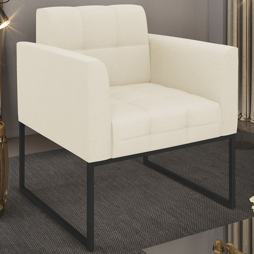 Poltrona Decorativa Base Industrial Preto Ana Linho Bege - Ibiza