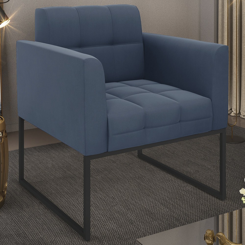 Poltrona Decorativa Base Industrial Preto Ana Suede Azul Marinho - Ibiza