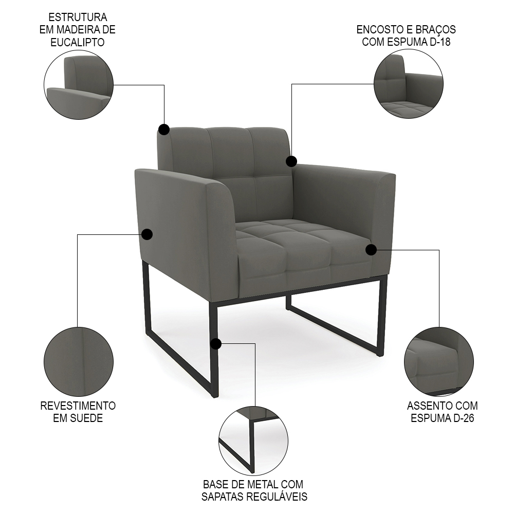 Poltrona Decorativa Base Industrial Preto Ana Suede Grafite - Ibiza
