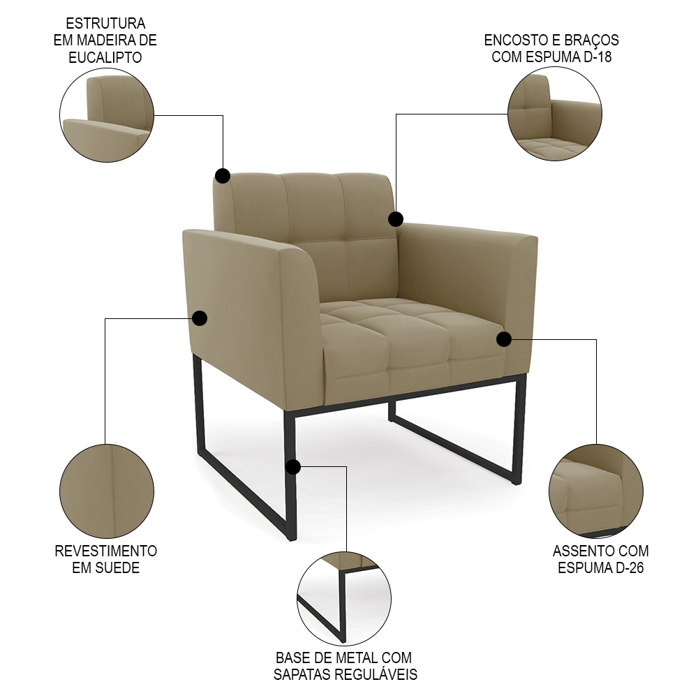 Poltrona Decorativa Base Industrial Preto Ana Suede Marrom RT - Ibiza