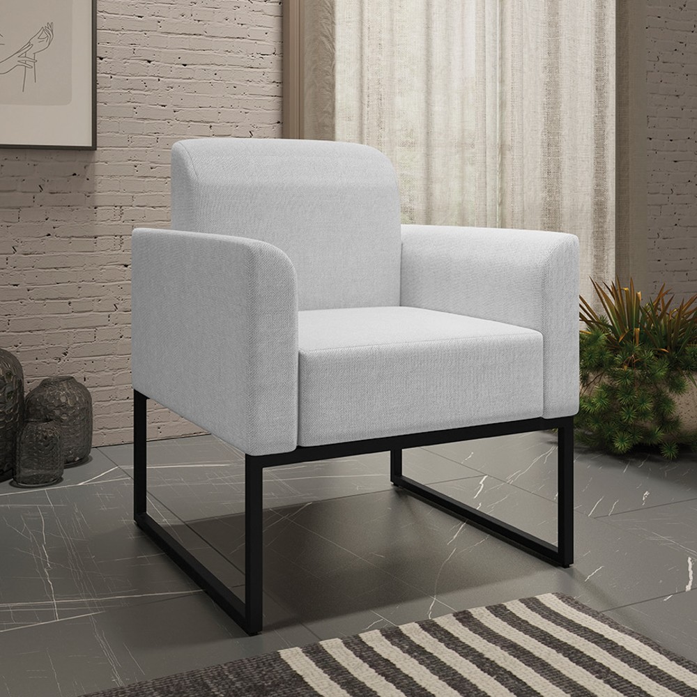 Poltrona Decorativa Base Industrial Preto Maressa A05 Linho Cinza Claro - Ibiza