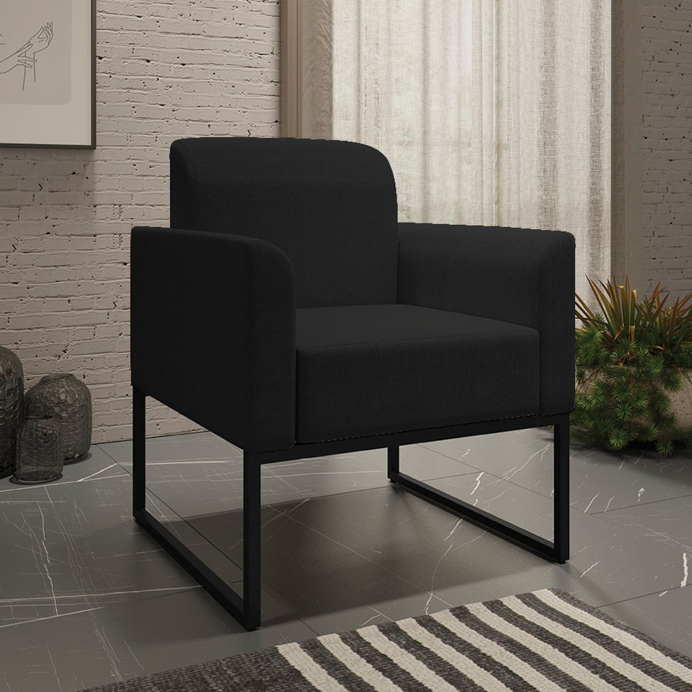 Poltrona Decorativa Base Industrial Preto Maressa A79 Linho Preto - Ibiza