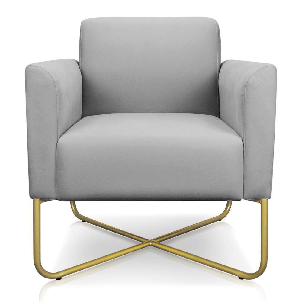 Poltrona Decorativa Base Industrial X Dourada Maressa S10 Suede Cinza - Ibiza
