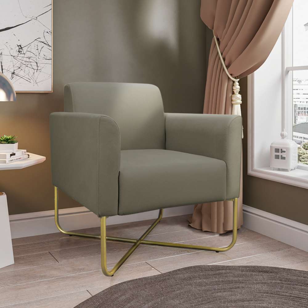 Poltrona Decorativa Base Industrial X Dourada Maressa S12 Suede Marrom Rato - Ibiza