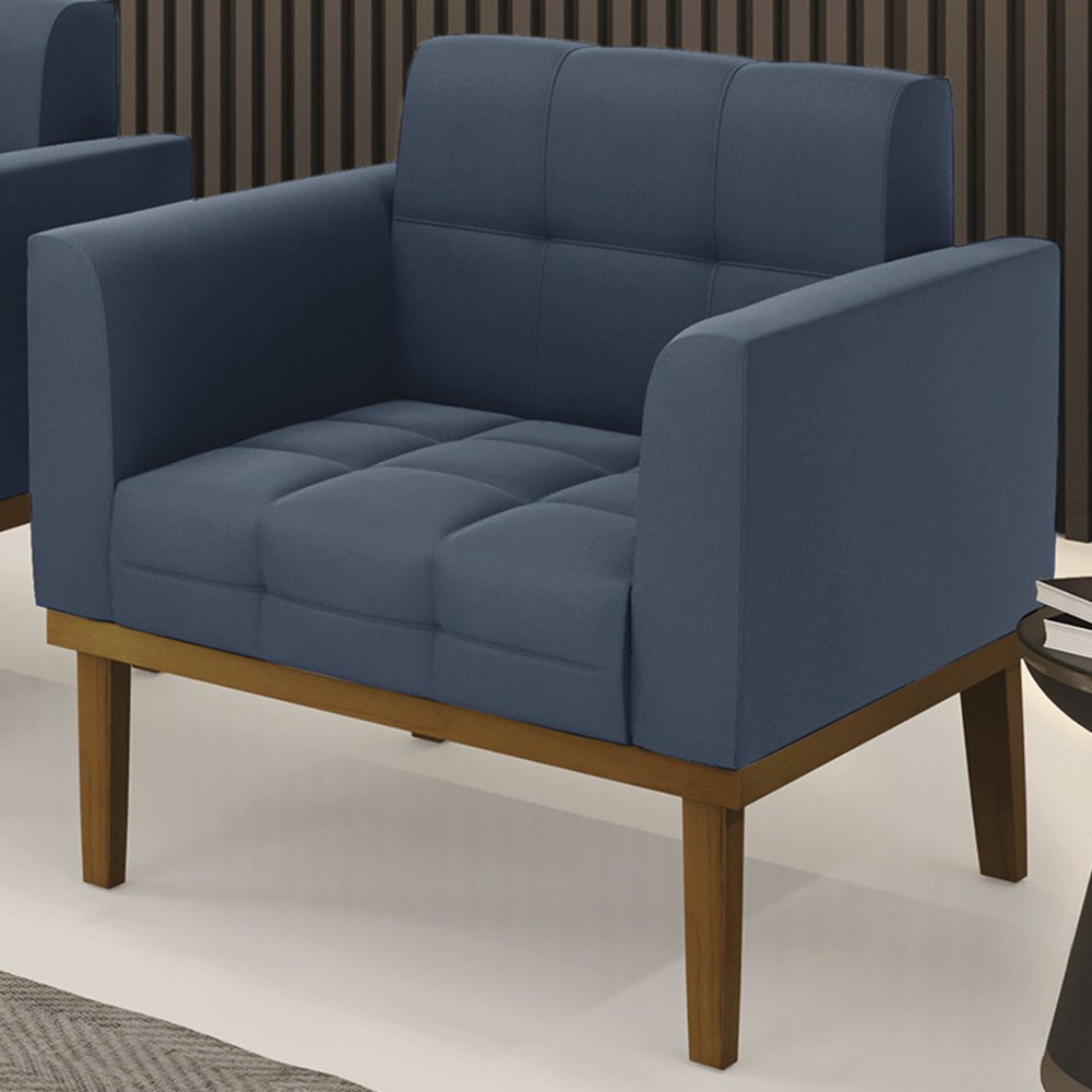 Poltrona Decorativa Base Madeira Castanho Ana Suede Azul Marinho - Ibiza