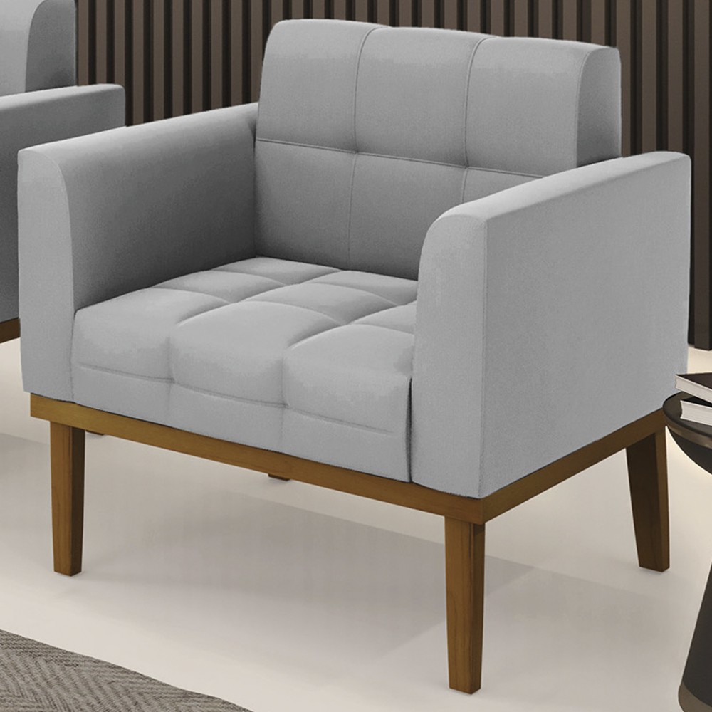 Poltrona Decorativa Base Madeira Castanho Ana Suede Cinza - Ibiza