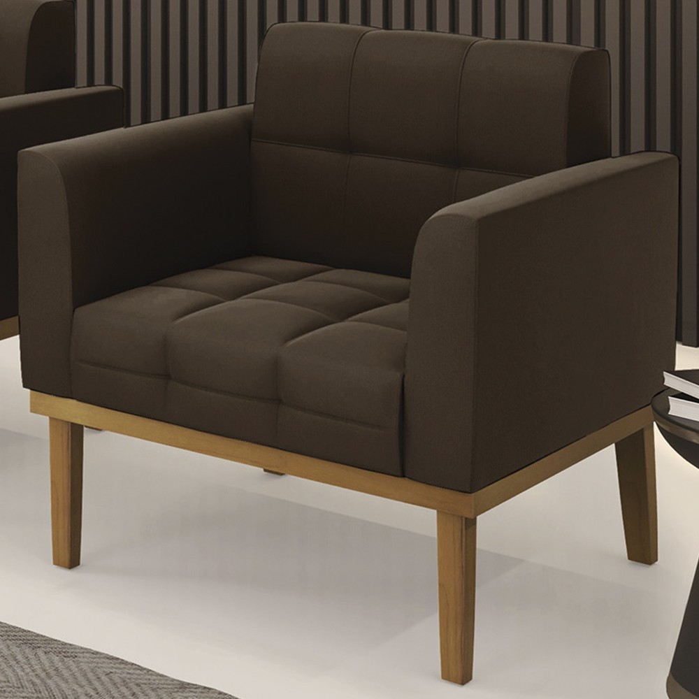 Poltrona Decorativa Base Madeira Castanho Ana Suede Marrom - Ibiza