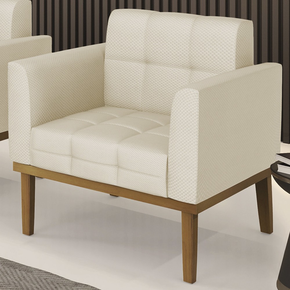 Poltrona Decorativa Base Madeira Castanho Ana Veludo Luxo Off White - Ibiza