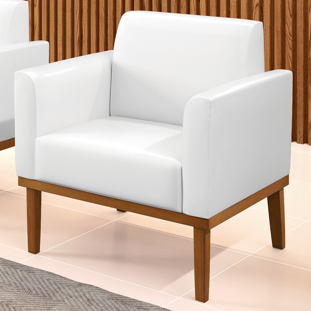 Poltrona Decorativa Base Madeira Castanho Maressa Sintético PU Branco - Ibiza