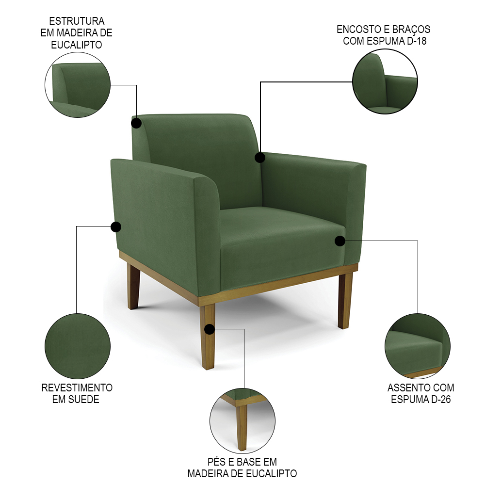 Poltrona Decorativa Base Madeira Castanho Maressa Suede Verde - Ibiza