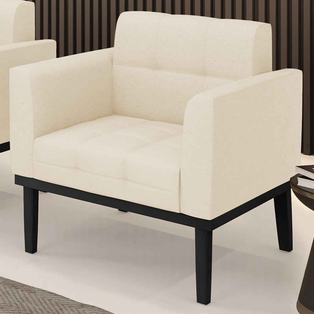 Poltrona Decorativa Base Madeira Preto Ana Linho Bege - Ibiza