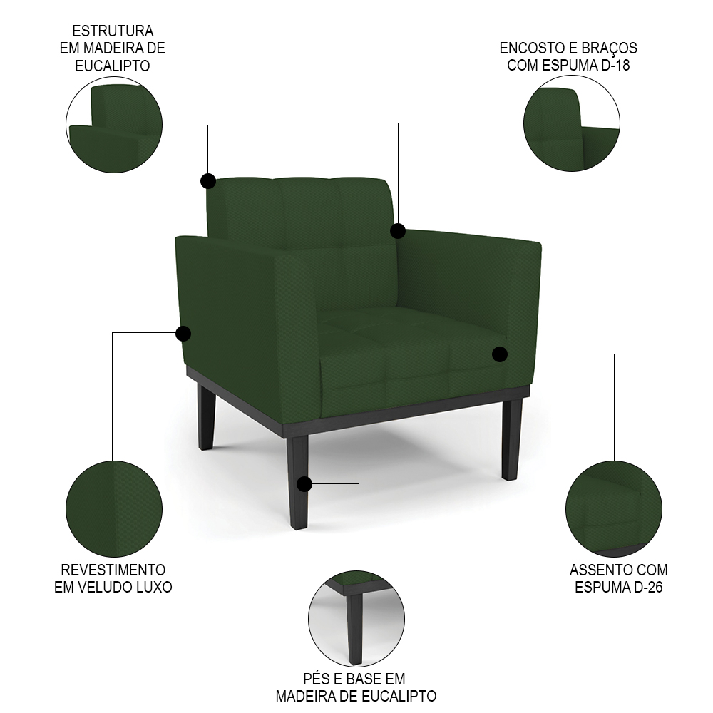 Poltrona Decorativa Base Madeira Preto Ana Veludo Luxo Verde - Ibiza