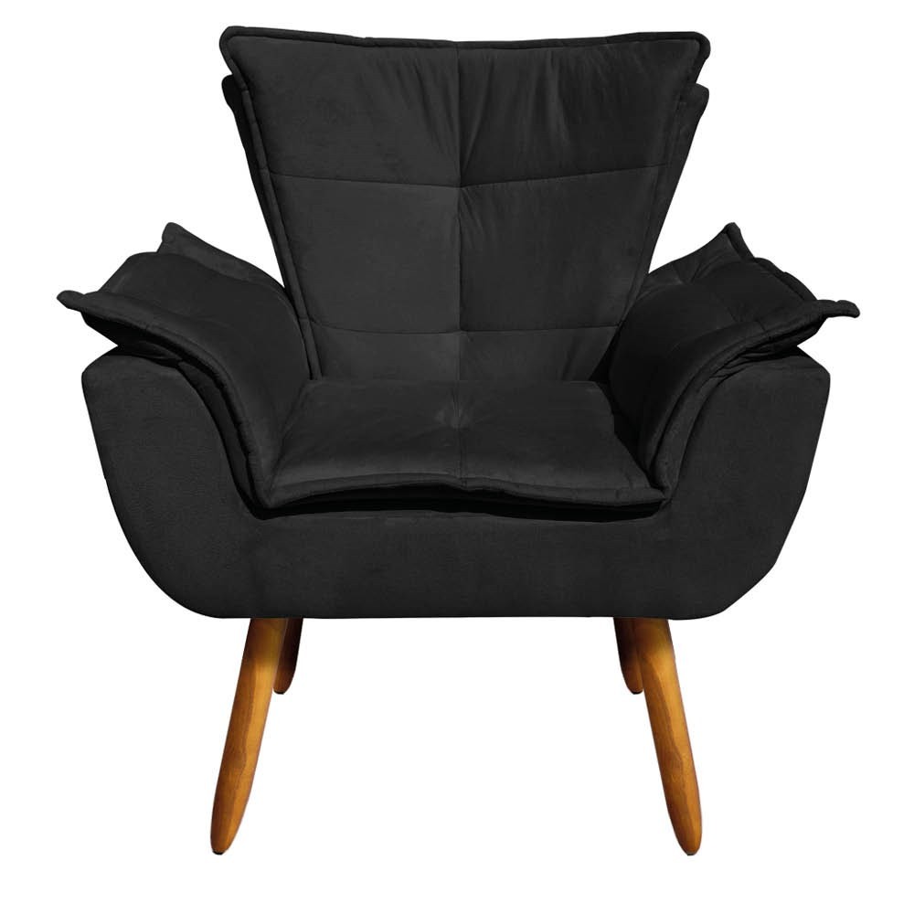 Poltrona Decorativa Pés Palito com Puff Opla Suede Preto - Ibiza
