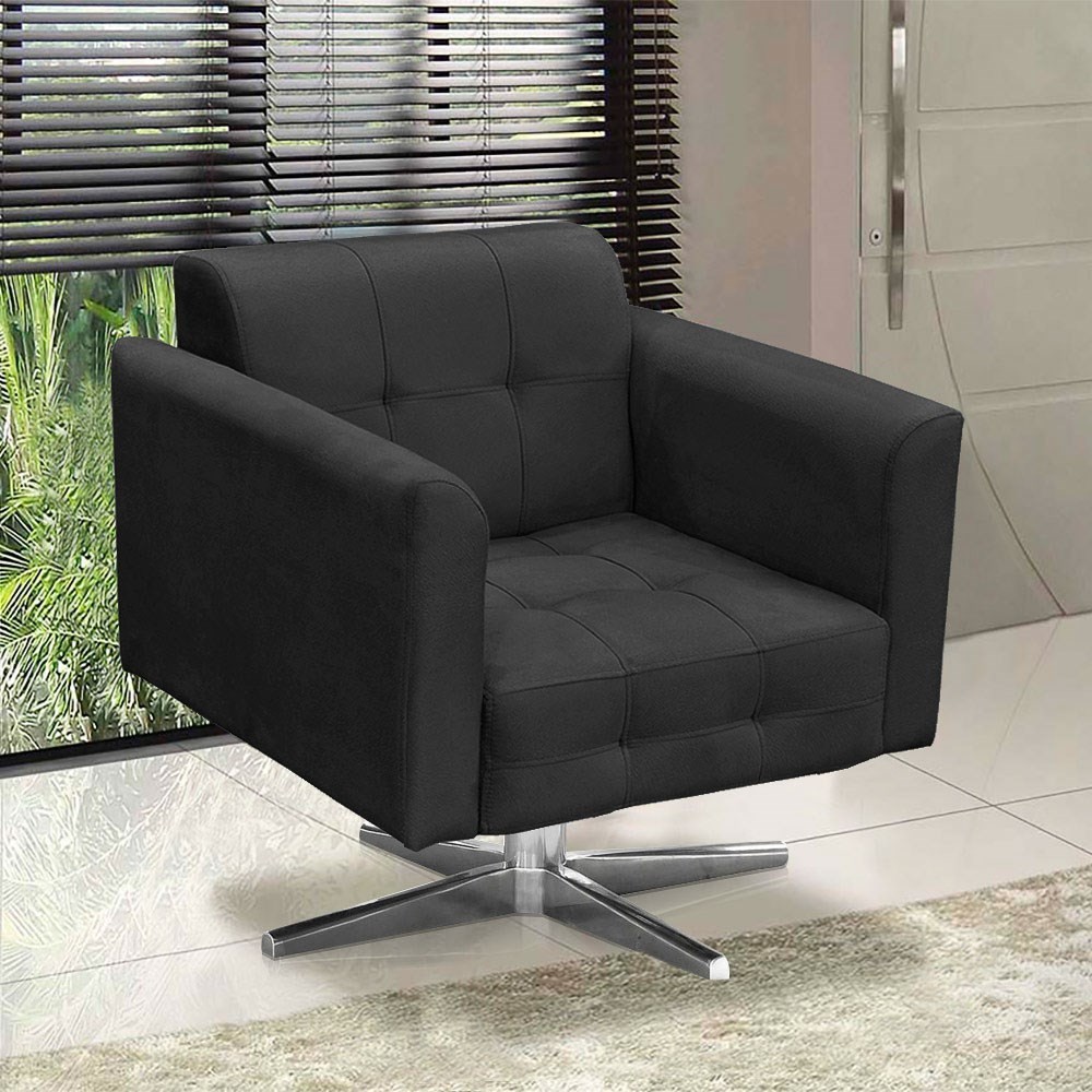 Poltrona Decorativa Sala de Estar Base Cromada Giratória Ana Suede Preto - Ibiza
