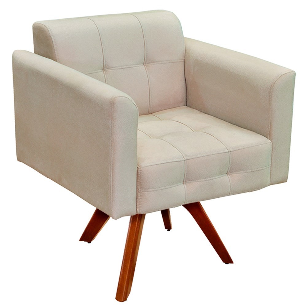 Poltrona Decorativa Sala de Estar Base Madeira Giratória Ana Suede Bege - Ibiza
