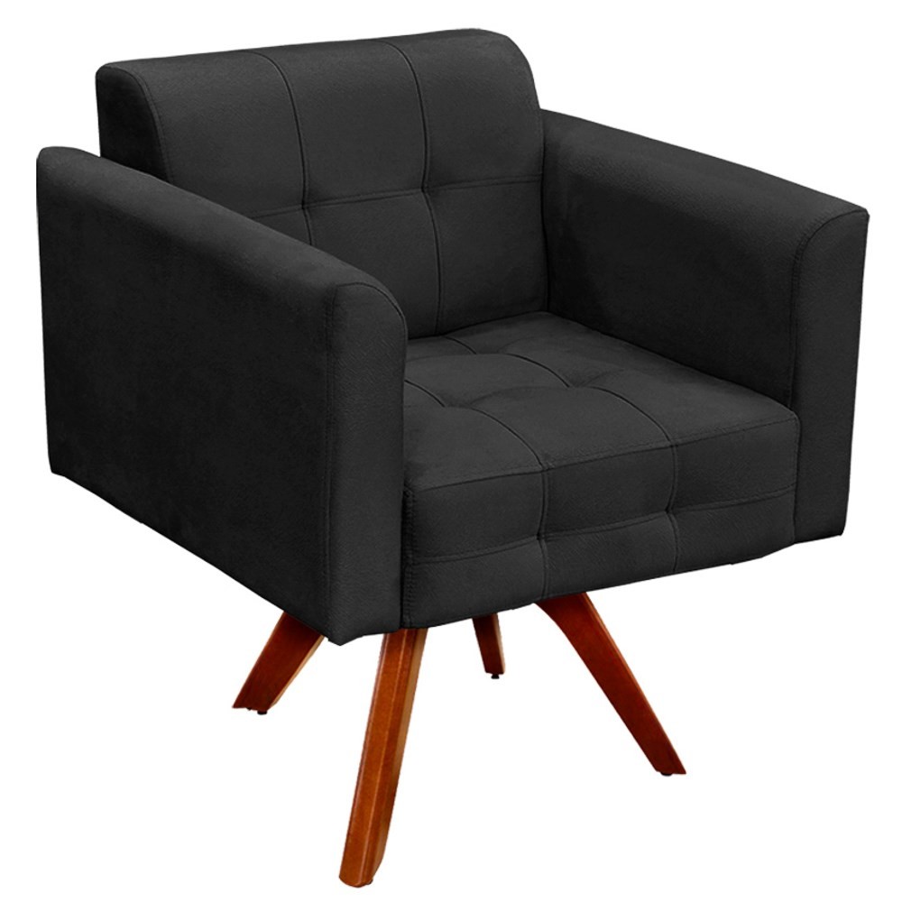 Poltrona Decorativa Sala de Estar Base Madeira Giratória Ana Suede Preto - Ibiza