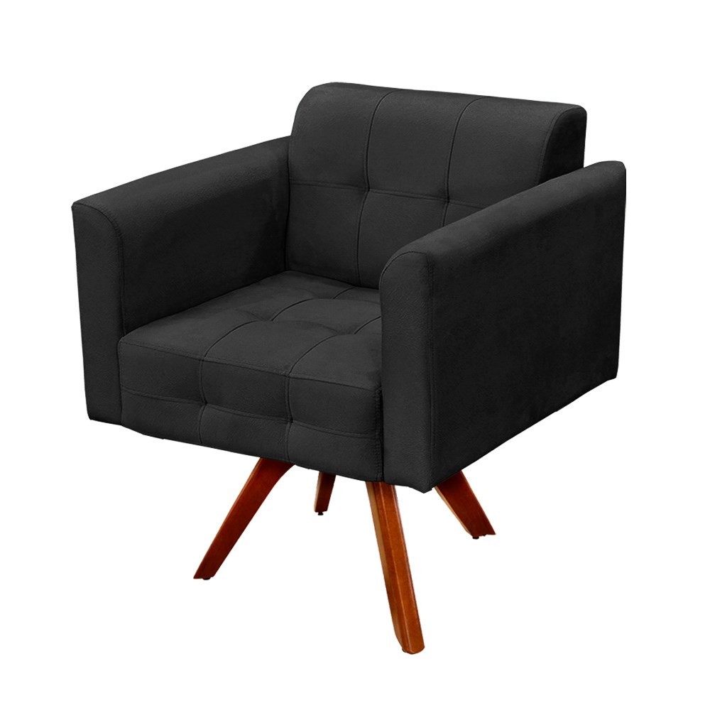 Poltrona Decorativa Sala de Estar Base Madeira Giratória Ana Suede Preto - Ibiza